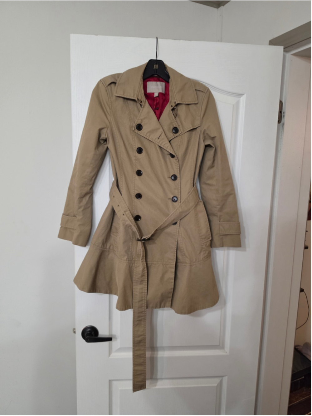 Banana Republic XS Trench Coat Khaki Belted Flared Hem Red Lining NWOT